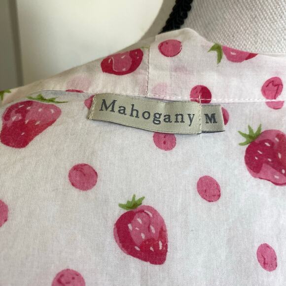 Mahogany Short Robe Sz M White Cotton Strawberry Print Belted Knee Length Cute - Picture 3 of 12